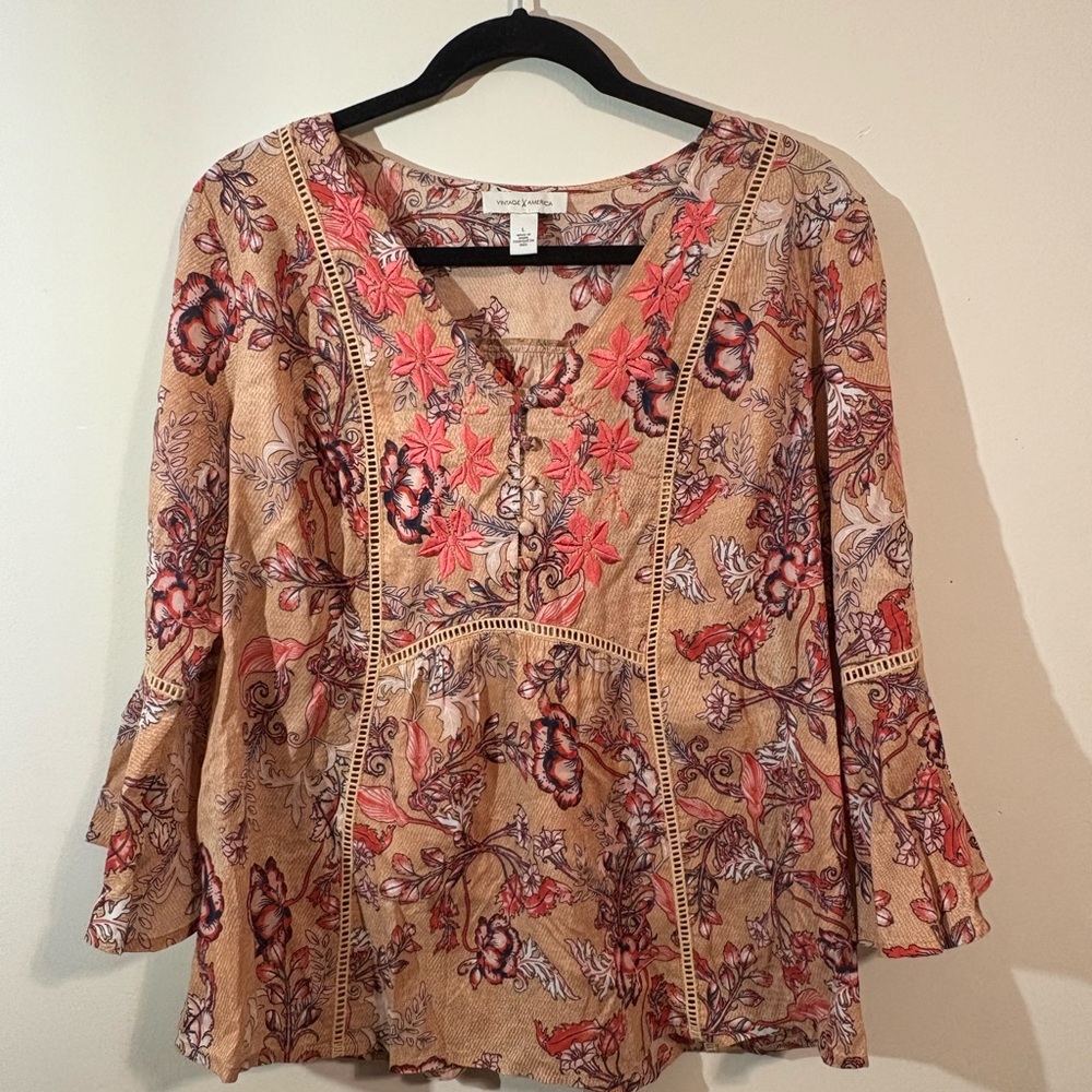 Vintage America women's‎ Large floral long bell sleeve blouse v-neck embroidered